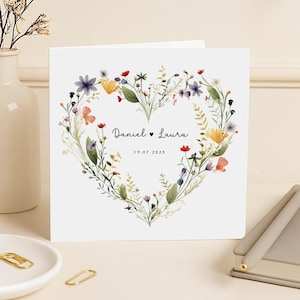 Personalised Floral Wedding Card | Wedding Gift | Wild Flowers Heart Wreath | Anniversary Card | Engagement Card