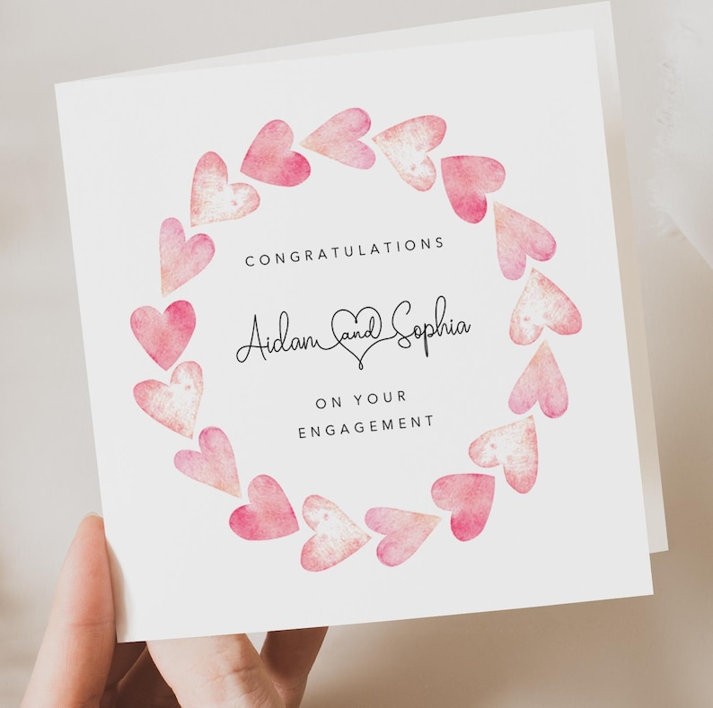 Personalised engagement card - Congratulations on your engagement - heart wreath design - Daughter Son Sister Brother Couple Friends UK image 1