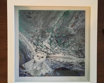 Owl Painting, "Snowy Owl in Flight", Wall Art, Giclee Print, Abstract Fluid Art, Expressionism, Owl, Free Flow Painting