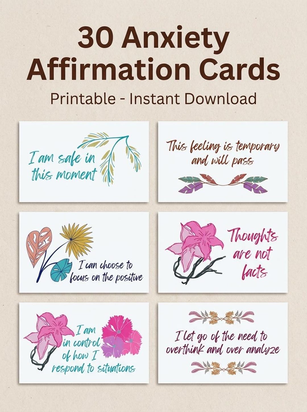 30 Anxiety Affirmation Cards | Printable Self-care Quotes (digital ...