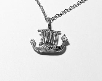 Viking ship pendant rhodium plated brass