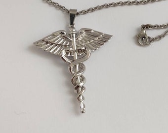 Brass caduceus pendant, rhodium plated, Greek mythology