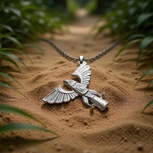 Puede incluir: Collar con colgante plateado con diseño de águila estilizada. El colgante, con detalles grabados, descansa sobre arena, con un fondo verde borroso. La cadena del collar también es plateada.