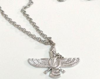 Sumerian Ahura Mazda Anunnaki ancient pendant, rhodium-plated brass and hypoallergenic stainless steel chain, Sumer Mesopotamia ancient origins