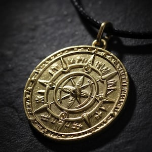 Puede incluir: Collar con colgante de brújula de color dorado. El colgante redondo presenta un diseño detallado de rosa de los vientos con marcadores direccionales y una estrella en el centro. El colgante cuelga de un cordón negro, sobre un fondo oscuro.