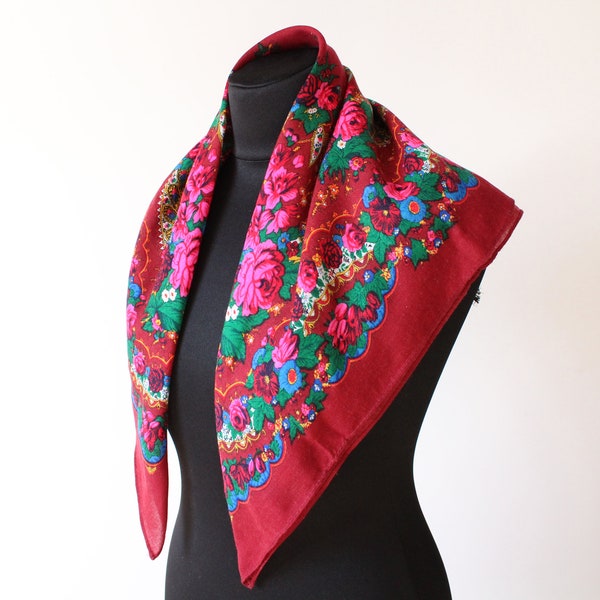 Vintage shawl.Russian Shawl.Floral scarf.Scarf.Wedding shawl.Vintage shawl.Burgundy Flower Shawl.Floral shawl.Russian scarf shawl.