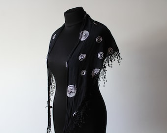 Viscose scarf vintage. Shawl Retro. Unisex Scarf. Black Scarf. Woman Scarf. Vintage Retro. Scarf for Woman. Long Scarf. Men's scarf