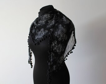 Vintage scarf. Shawl Retro. Unisex Scarf. Mens Scarf. Woman Scarf. Vintage Retro. Long Scarf. Vintage muffler.Black Scarf. Vintage shawl.