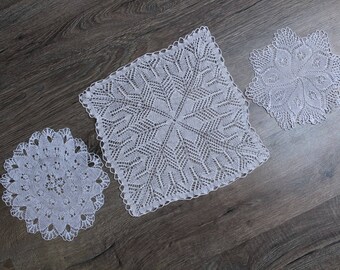 Set of 3 Crochet Doilies. Vintage Doily Set. Tablecloth. Crochet Lace. Vintage Hand Knitted Cotton Doilies. Table decoration. Interior decor