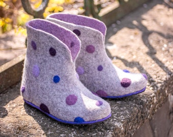 Grey wool shoes ankle felt boots with Polka Dot great for mindfulness gift