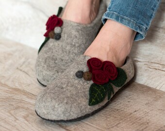 Grey felted wool slippers  woolen clogs with felt flower great grandma gift felt slipper