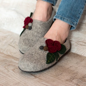 Grey felted wool slippers woolen clogs with felt flower great grandma gift felt slipper image 1