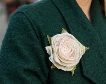 White rose Felt flower brooch wool jewelry wool flower felt brooch merino wool pin | Custom colors available