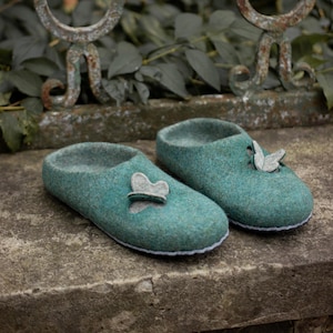 Felted Wool Slippers: Handmade Green Butterfly House Shoes with Leather Sole