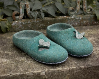 Felted wool slippers with butterfly. Green woolen shoes with Leather sole. Womens slippers made of merino wool eco friendly gifts