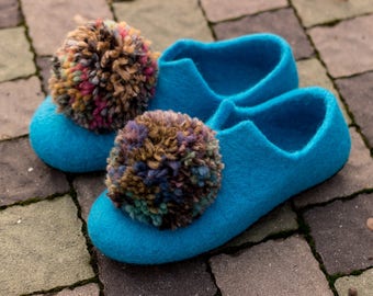 Felted wool slippers blue wooden clogs indoor shoes with Pom pom