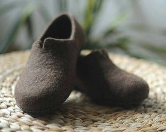 60th birthday gift brown wool house shoes for men felted wool slippers with leather soles