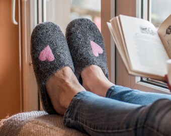 Comfy mindfulness gift, dark grey wooden clogs felted wool slippers with herts home comfort cozy