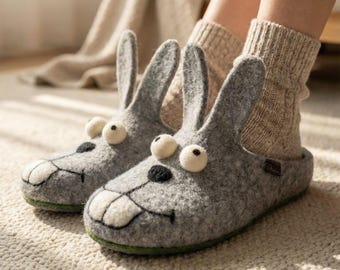 Handmade Felted Bunny Slippers – Adorable Wool Animal Shoes