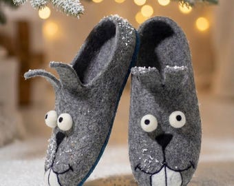 Wool Warm Eco Felted Bunny Slippers: Cozy Handmade Indoor Shoes
