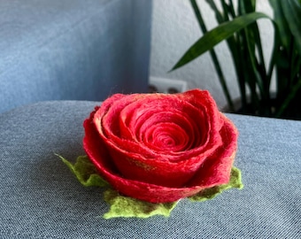 Merino Wool Felt Rose Brooch: Elegant Handmade Flower Pin
