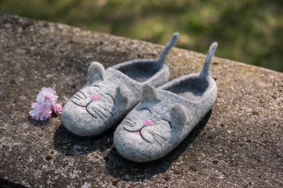 Felted Wool Slippers Cat Shoes Warm Slippers Comfy Cozy Felted