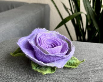 Handmade Merino Wool Felt Flower Brooch - Purple Rose Pin
