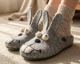 Handmade Wool Bunny  Animal Slippers: Cozy Felted Rabbit Shoes