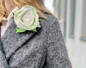 Felted Merino Wool Rose Brooch: Handmade Boho Floral Pin