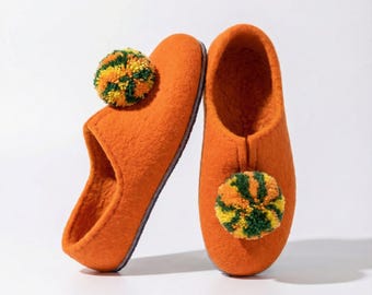 Woolen Felted Orange Slippers for Women – Stylish Home Comfort with Pompons
