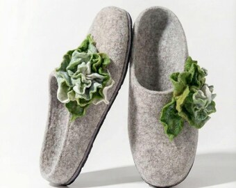 Wool Warm Slippers For Women: Gray Floral Felted Shoes With Floral Decor