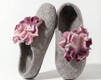 Handmade Wool Slippers  For Women with Detachable Merino Flower Brooch