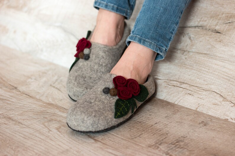 Grey felted wool slippers woolen clogs with felt flower great grandma gift felt slipper image 1