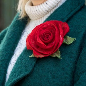 Red Felted Merino Wool Rose Brooch - Boho Chic Pin