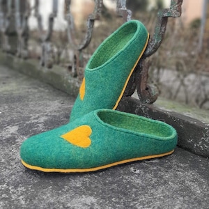 Handmade Green Wool Felted Slippers: Cozy Heart Detail Home Footwear