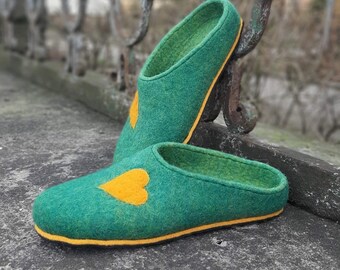 Handmade Green Wool Warm Eco Felted Slippers: Cozy Heart Detail Home Footwear