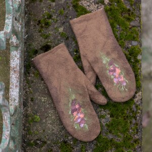 Felted mittens Merino wool gloves brown felt mitten with silk felted flowers winter is coming image 3