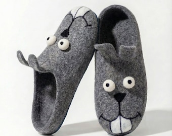 Felted Wool Bunny Mens Slippers, Handmade Cozy Clogs