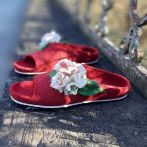 Floral Felted Wool Slippers: Handmade Cozy House Shoes