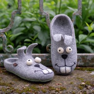 Handmade Eco Wool Felt Bunny Slippers: Gray Animal House Shoes
