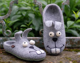 Handmade Wool Felt Bunny Slippers: Gray Animal House Shoes