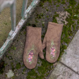 Felted mittens Merino wool gloves brown felt mitten with silk felted flowers winter is coming image 4