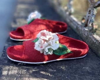 Handmade Felted Wool Slippers: Burgundy Open Toe House Shoes