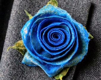 Handcrafted Merino Wool Felt Flower Brooch: Blue Rose Pin with Hair Clip