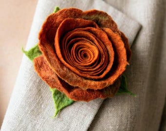 Handmade Merino Wool Felt Flower Brooch – Elegant Orange Rose Pin