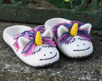 Felted Wool Unicorn Animal Slippers: Handmade Cozy Home Shoes