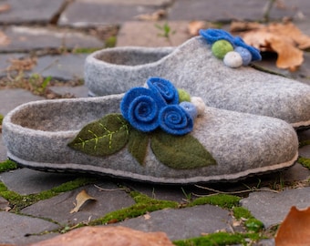 Handmade Wool Felt Slippers For Women: Blue Floral Cozy House Shoes