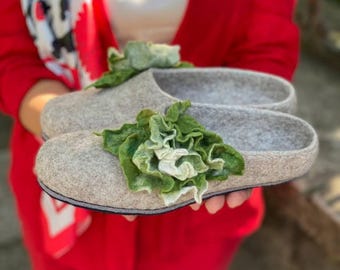 Felted Wool Eco Slippers: Gray Floral Home Clogs, Cozy Footwear