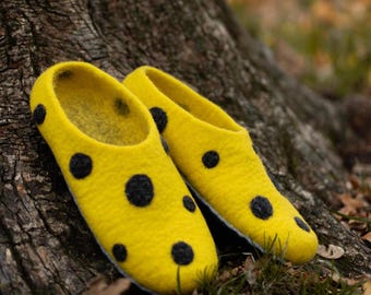 Yellow Felted Wool Eco Slippers: Handmade Clogs with Dots