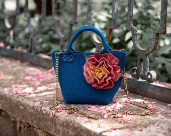 Crossbody bag Custom mini bag Floral decor Gift for her mom Handmade wool charm bag Wool felt flower Boho style Accessories for women Blue